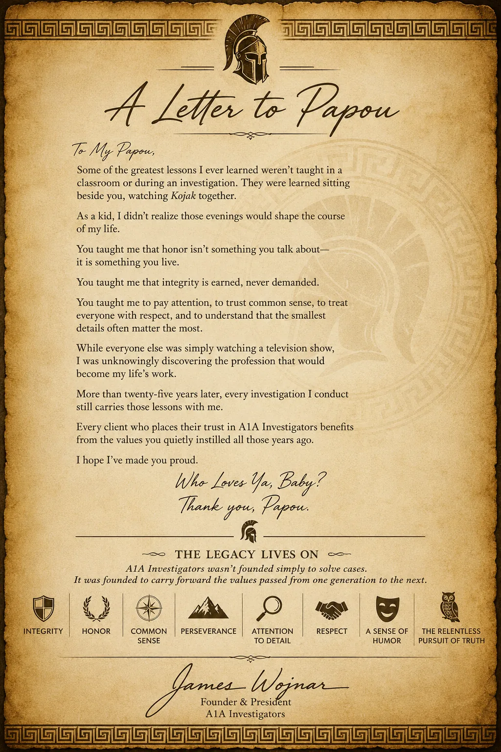 A Letter to Papou tribute with Greek key border and Spartan helmet honoring family roots in Sparta, Greece